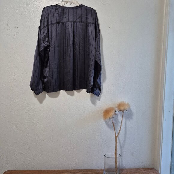 ATM Grey Silk Striped Tuxedo Pajama Blouse Size L Designer WorkMenswearInspired - Picture 10 of 16